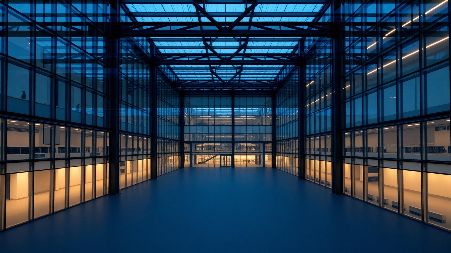 Empty glass and steel atrium at blue hour