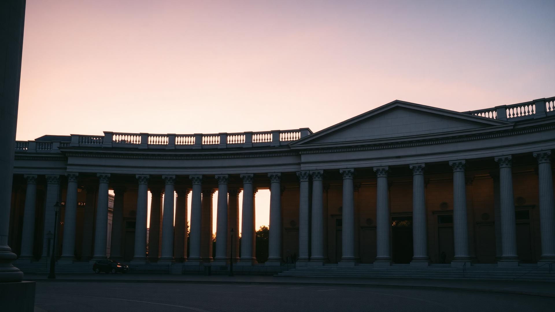 Stone colonnade of a classical financial institution at dusk