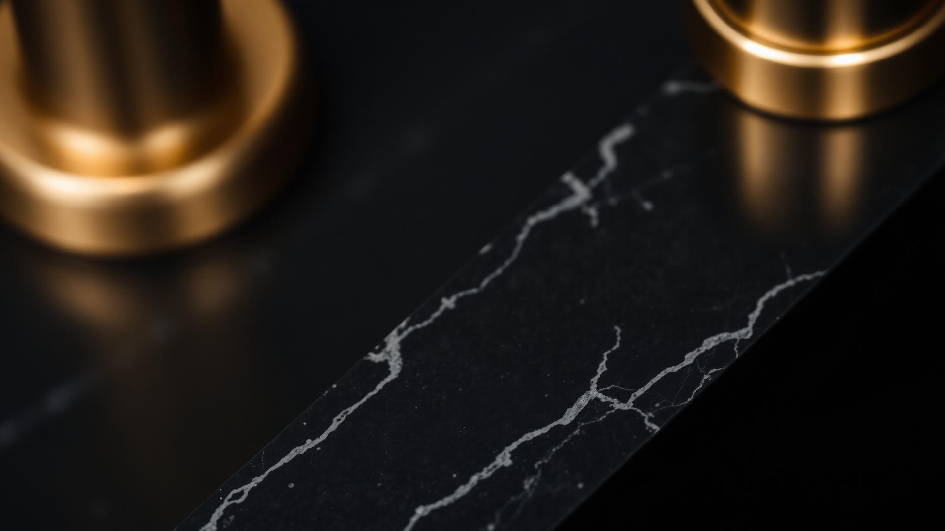 Dark polished stone and brass detail in raking light