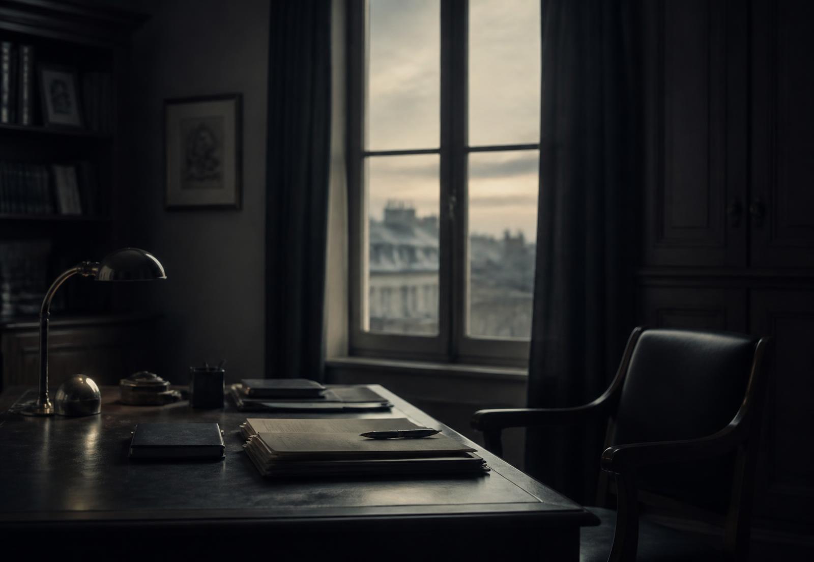 A quiet private office at dawn with papers and a fountain pen on a dark desk